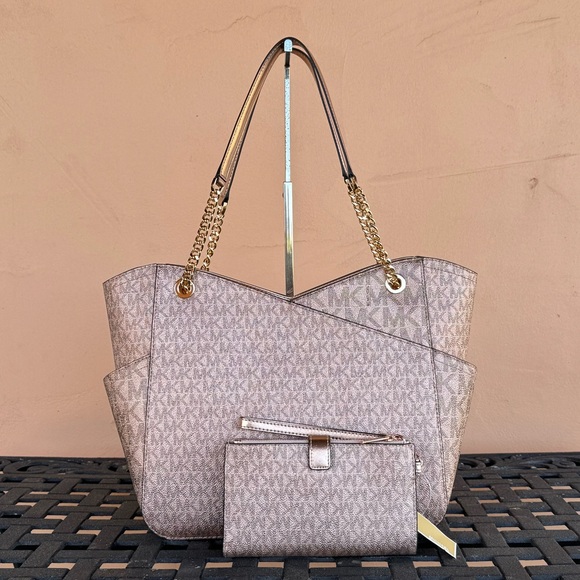 Michael Kors Jet Set Travel Large Chain Shoulder Tote Bag + Wallet MK Rose Gold - Picture 2 of 13